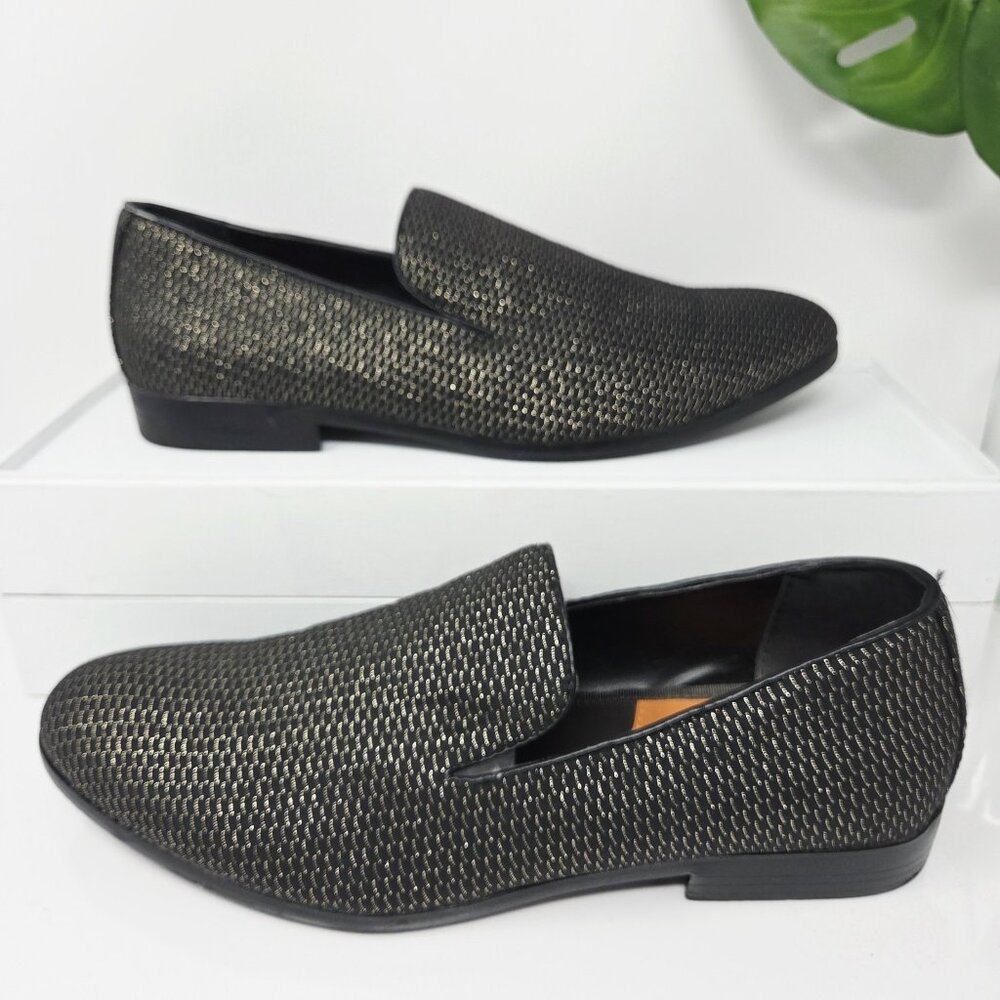 Talia Tedaldo Men’s 10 Black Gold Textured Loafers Slip On Luxury Dress Shoes